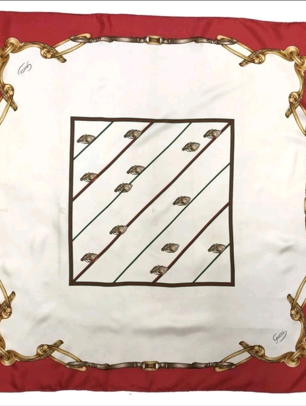 Gucci Sherry Line VTG 1978 Silk Scarf Equestrian Horse Print Red Green 86cm - Picture 2 of 13